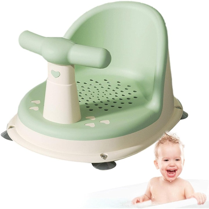 Стол за баня Demine за бебета, зелен, ергономична опора, вендузи против приплъзване, материал PP + TPE, идеален за бебета 6-18 месеца