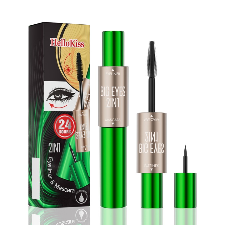 Mascara si creion 2 in 1 HelloKiss, mascara alungire si eyeliner lichid, rezistent la apa, negru