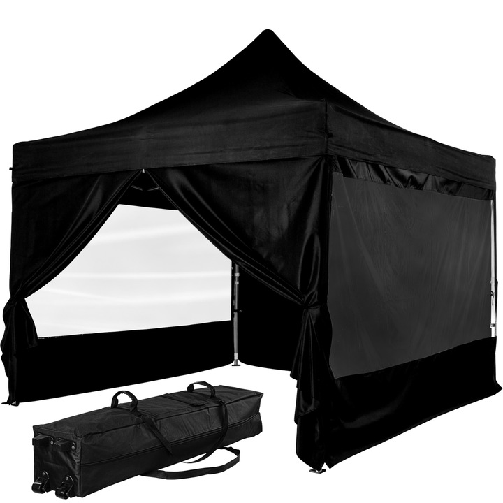 Pavilion pliabil PRO cu 4 sectiuni laterale, 3 x 3 m, geanta carucior, aluminiu, negru, INSTENT®