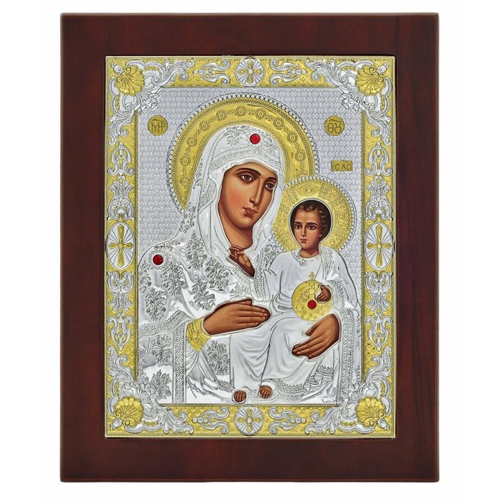 Ezüsttel és arannyal bevont ikon, fa keret, Szűz Mária és a Gyermek, 12,5 cm x 10 cm