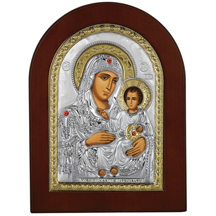 Ezüsttel és arannyal bevont ikon, fa keret, Szűz Mária, 21 cm x 15 cm