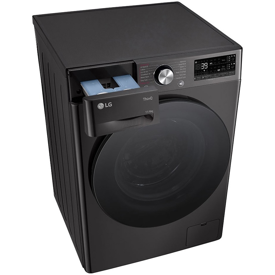 Masina spalat cu uscator LG F4DR711S2BA, Spalare 11 kg / Uscare 6kg, 1400 RPM, Motor Direct Drive Inverter, Spa, Turbo Wash 39, Wi-Fi, Clasa D, Autodose, Negru