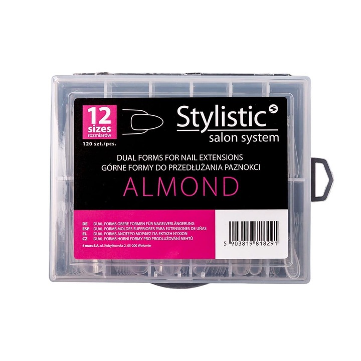 Forme pentru prelungirea unghiilor Stylistic ALMOND, elastice, reutilizabile, 120 buc, transparent