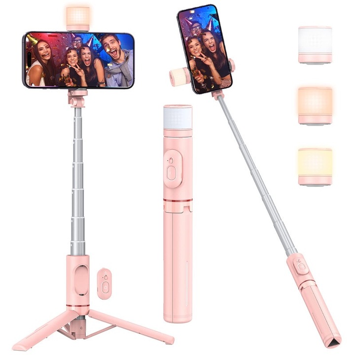 Trepied fotografic telescopic cu lumina, 76 cm, telecomanda detasabila, suport pentru telefon mobil, stick selfie iPhone, lumina rece/calda/neutra, structura aluminiu, rotatie 360°, roz