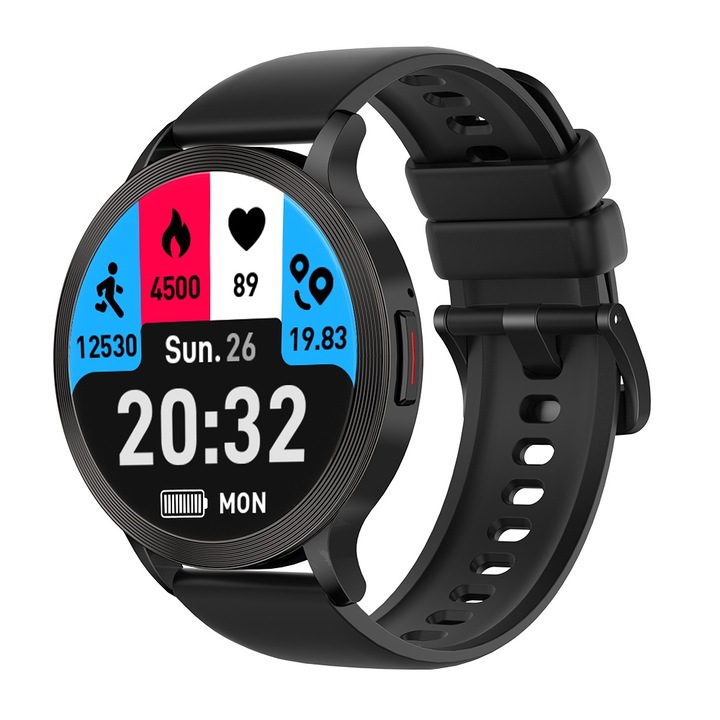 Ceas inteligent Wapik® S5, ecran de 1.39" TFT, rezistent la apa IP67, monitorizare cardiaca si somn, moduri sportive, compatibil cu iOS si Android, negru