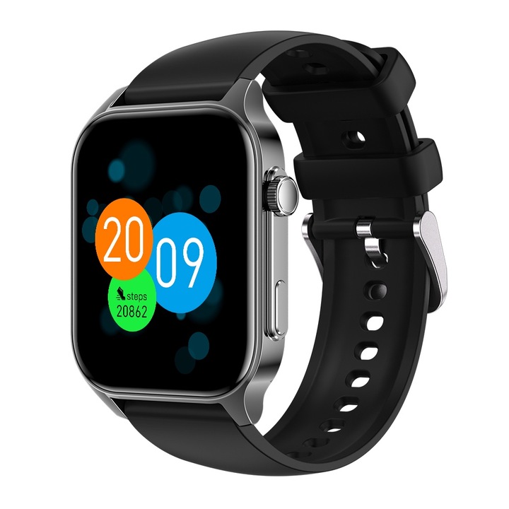 Wapik X5S okosóra, TFT 1,91" szögletes képernyő, állapotfigyelés, pulzus és vérnyomás, többféle sportolási mód, okoshívások és értesítések, Bluetooth 5.2, 30 napos autonómia, többnyelvű támogatás, szilikon szíj, fekete