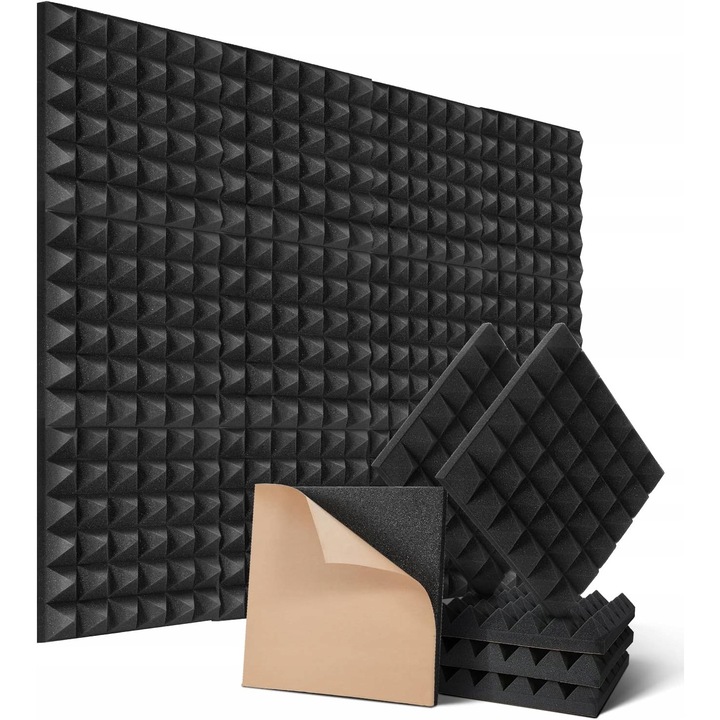 Panouri Acustice Luka, Piramidale, Autoadezive, Izolare Sunet, Negru, Set 12 buc, 30x30x5cm