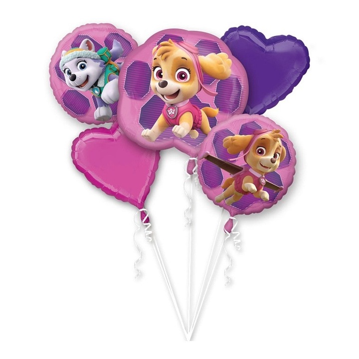 Комплект балони Paw Patrol, Anagram, Skye и Everest, розови и лилави, 63x58см/43см, 5 бр.