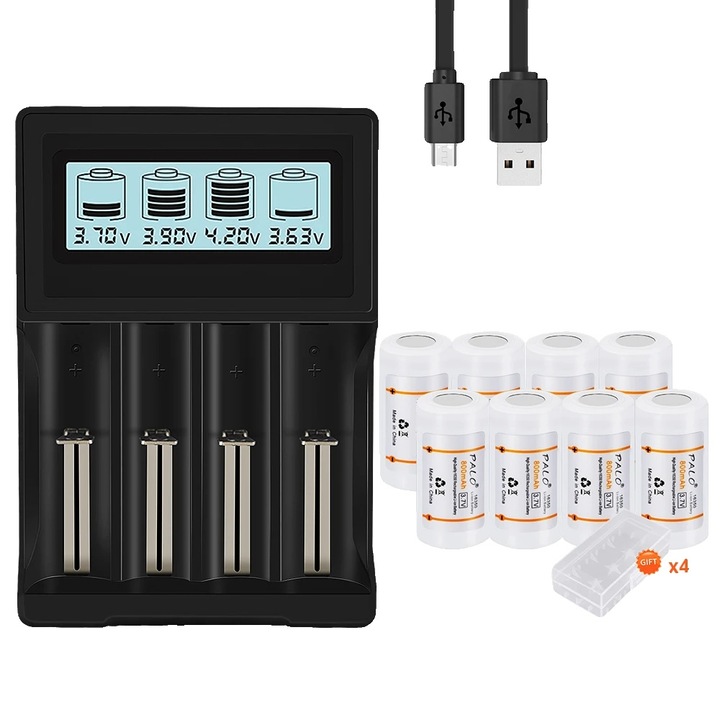 Set 8 Baterii Reincarcabile Li-ion, 800mAh, 3.7V, pentru Lanterne LED si Stilouri Laser, cu Incarcator