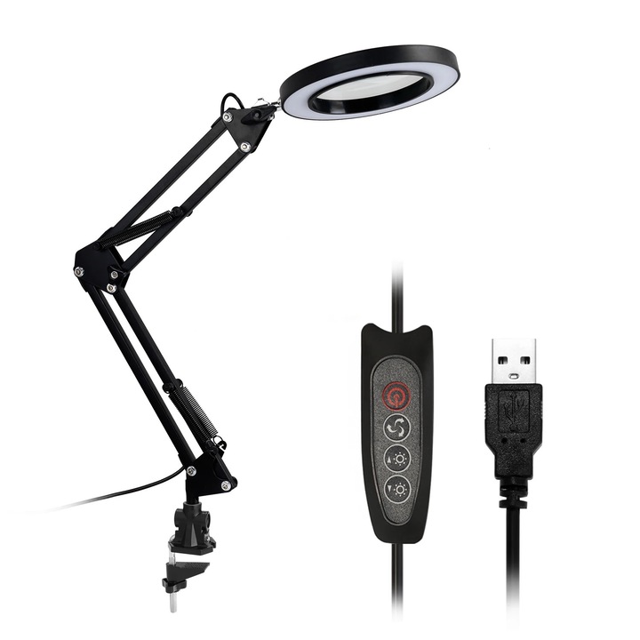Lampa de birou cu lupa, marire 10X, 3 moduri de culoare, putere 8W, brat oscilant reglabil, negru, 10X