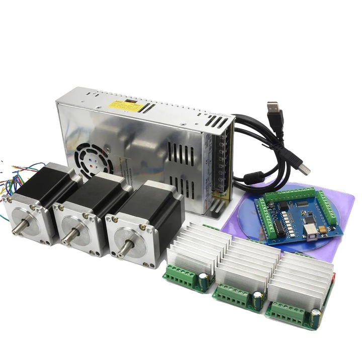 3 tengelyes CNC vezérlőkészlet, Nema 23 kompatibilis, TB6600, Mach3 USB STB4100 V2.1, 350W 24V, 100KHz, többszínű