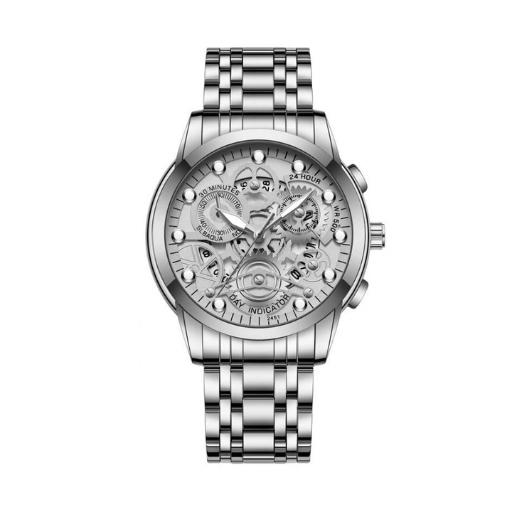 Мъжки кварцов часовник VA-2451, Водоустойчив, Календар, Сребрист/Бял