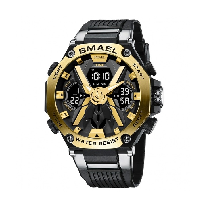 Мъжки часовник SMAEL 8087, Водоустойчив, Удароустойчив, Аларма, Хрономертър, Златист