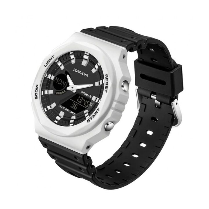 Кварцов часовник Sanda 6016, Водоустойчив, LED Диспей, Нощно осветление, Бял/Черен