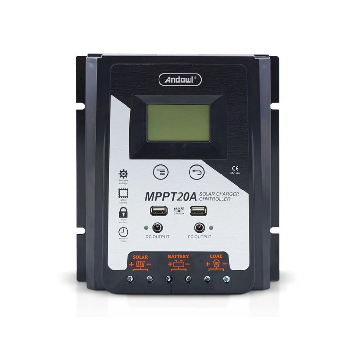 Andowl MPPT20A регулатор на напрежението на соларния панел, 1224V, LCD дисплей, MPPT 20A, черен