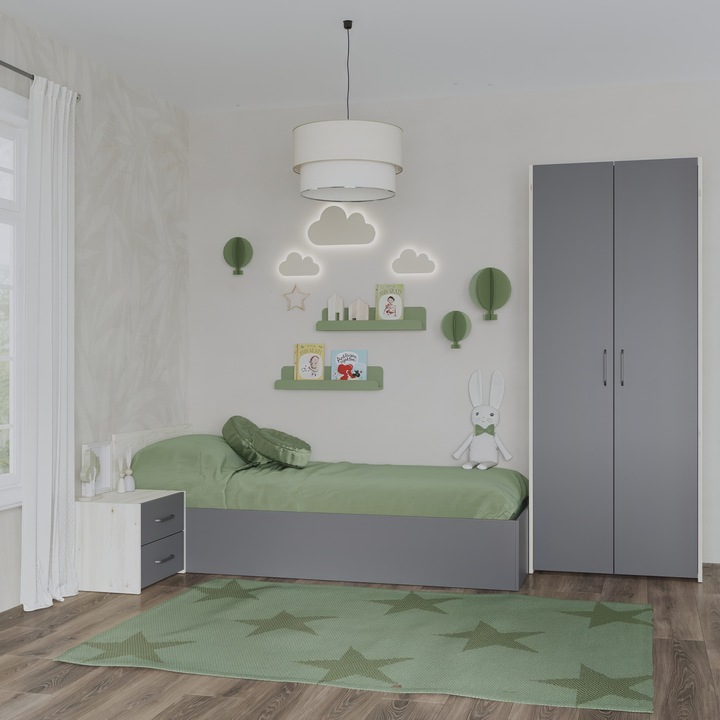 Set dormitor haaus Malmo V18, Pat 200 x 90 cm, Stejar Alb/Antracit