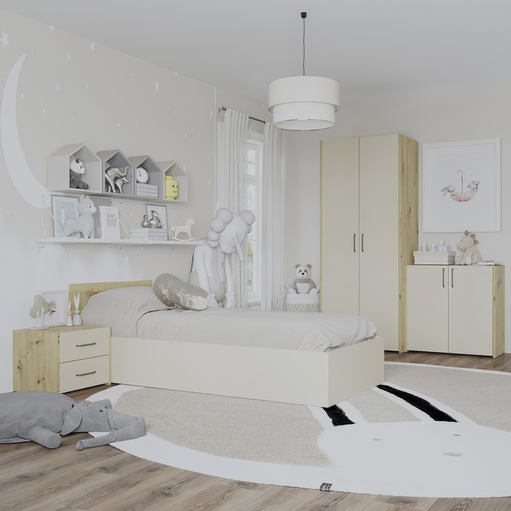 Set dormitor haaus Malmo V19, Pat 200 x 90 cm, Stejar Artisan/Argila