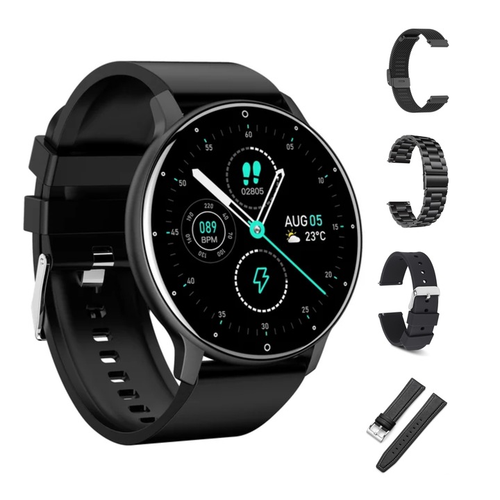 Ceas smartwatch Fitness, CHOCOBEE, 1.28 inch, HD, Sunet 3D, monitorizare activitati fizice, calitate somn, ritm cardiac, tensiune arteriala, control muzica, exercitii respiratie, notificari/apeluri, Social Media, limba romana, unisex, 5 bratari, negru