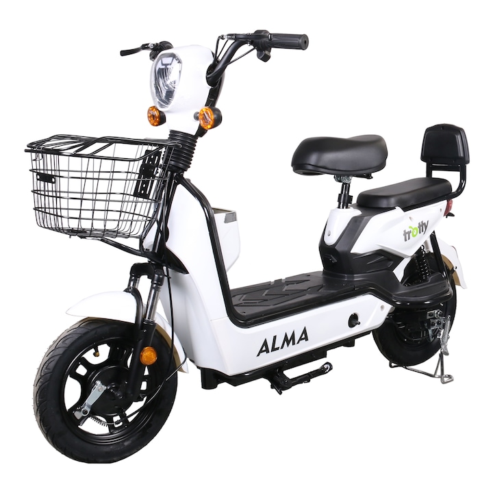 Elektromos moped, elektromos DC motor, ALMA modell, teljesítmény 240W, 48V 20Ah ólomsav akkumulátor, fehér szín