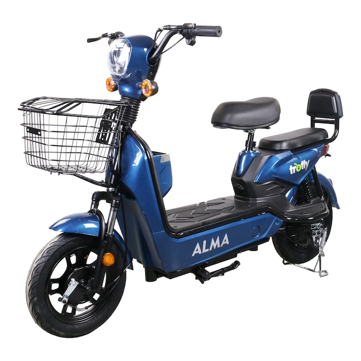 Elektromos moped, elektromos DC motor, ALMA modell, teljesítmény 240W, akkumulátor 48V 20Ah ólomsav, kék szín