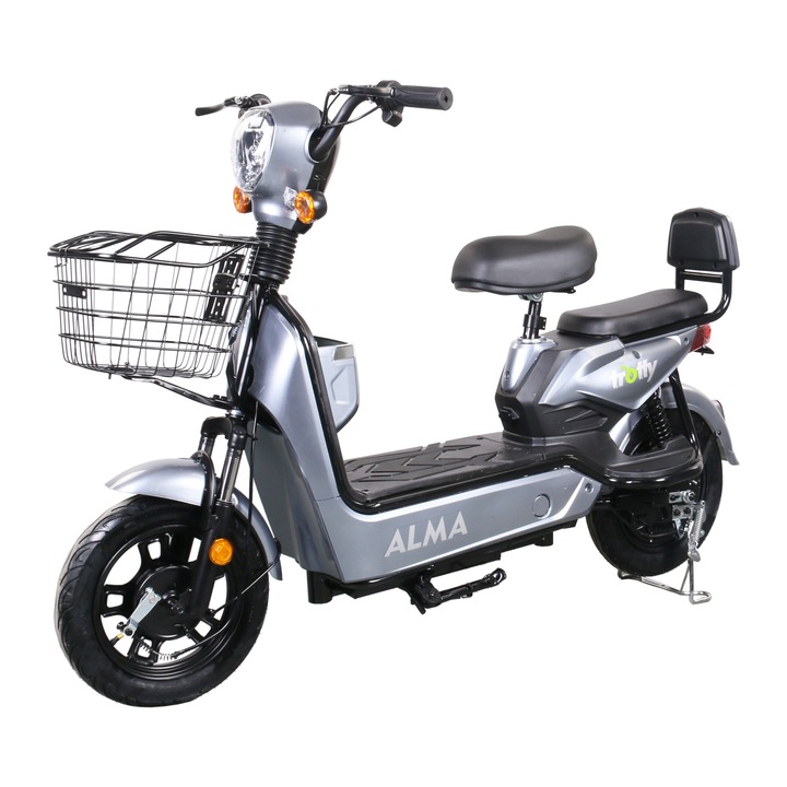 Elektromos moped, elektromos DC motor, ALMA modell, teljesítmény 240W, 48V 20Ah ólomsav akkumulátor, szürke szín