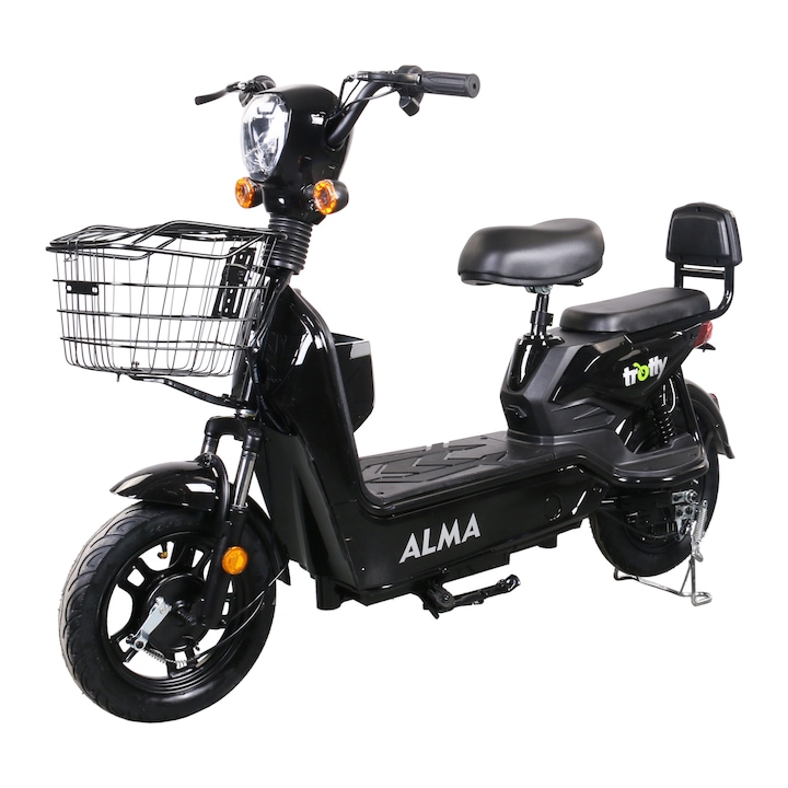 Elektromos moped, elektromos DC motor, ALMA modell, teljesítmény 240W, akkumulátor 48V 20Ah ólomsav, fekete szín