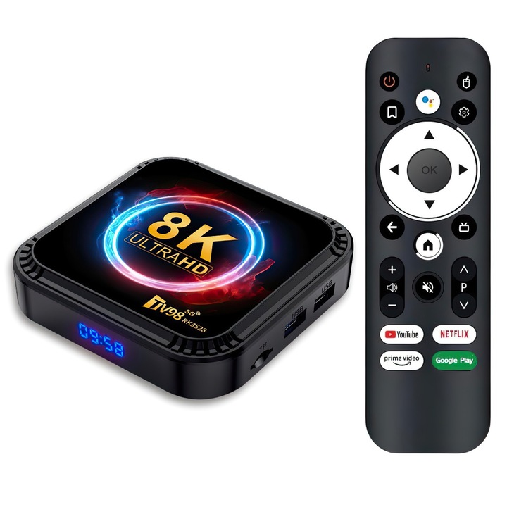 Устройство Smart TV box, 8K Ultra HD, Quad core ARM Cortex-A53, Android 13.0, 2.4G/5G Dual Wi-Fi, RAM 4GB, ROM 32GB, 100M Ethernet, USB 3.0, BT 5.0, HDR10+, гласово търсене, С клавиатура, Черно/Златисто