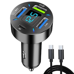 Incarcator Auto Inteligent Premium 50W, Zggzerg, Cu 1m cablu C-C, 1 USB QC3.0, 2x USB 2.4A, 1x PD, Afisaj LED digital, Incarcare rapida, Multiple protectii, Compatibil cu android, apple, tableta, ABS, 60mm x 38.5mm x 25mm, Negru