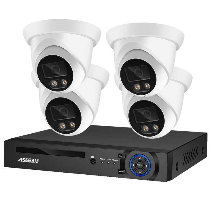 Videó megfigyelő készlet, Asecam, 8MP 4K, Színes éjszakai látás, Mozgásérzékelés, IP66, 4 NVR csatorna és 4 kamera