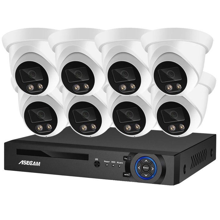 Videofelügyeleti készlet 8 MP 4K, Asecam, éjszakai színes látás, 8 csatornás NVR és 8 kamera, IP66, 24/7 felvétel