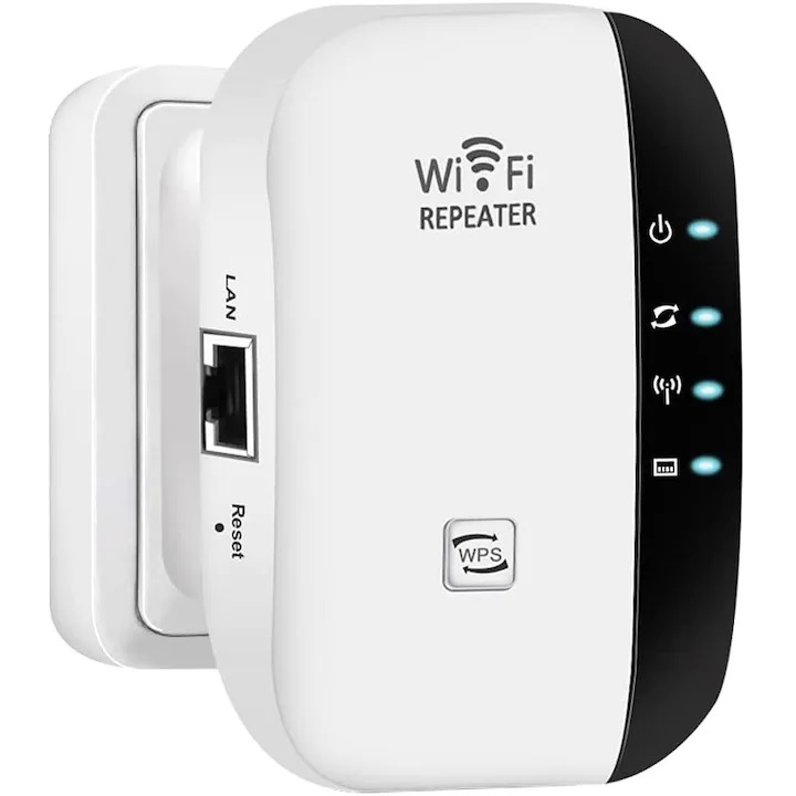 Amplificator Semnal Retea Wireless eBA®, WiFi Repeater 300Mbps, 2.4GHz WLAN, Functie WPS cu Port LAN de Antene Integrate, Alb-negru