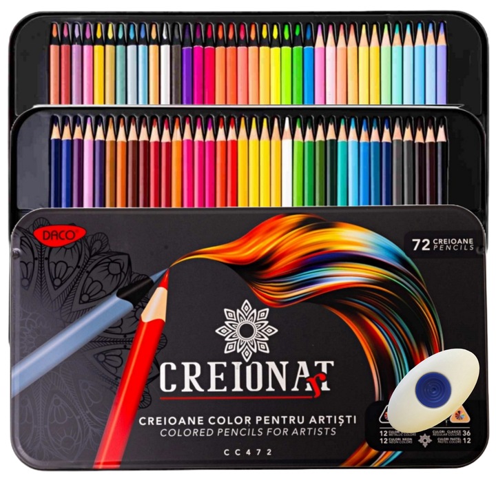 Set 72 creioane colorate, pentru copii, artisti sau adulti + Radiera cu grip FLR, cutie metalica, culori clasice, metalice, neon si pastel