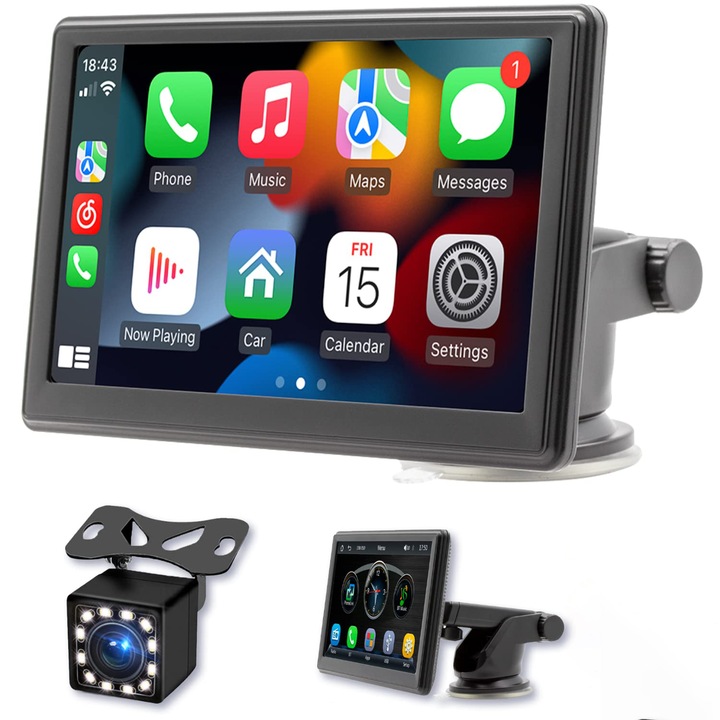 Преносим безжичен Carplay B500W, WALALLA, 7-инчов сензорен екран, стерео уредба за кола, Bluetooth, FM радио за кола, камера за заден ход с нощно виждане, USB и TF видео вход, стойка за табло, черен