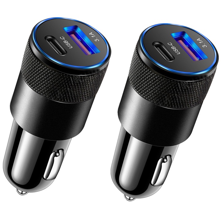 2 db autós töltő készlet, Zggzerg, 1 x USB 3.1A, 1 x Type-C, 12 W gyorstöltés, Multifunkcionális védelem, Kicsi és hordozható, Tartós, Kompatibilis mobiltelefonokkal, táblagépekkel, menetrögzítőkkel, ABS, 2,5 x 2,5 x 6 cm , Fekete