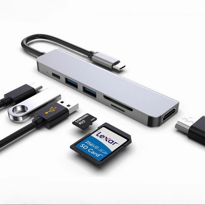 USB-C хъб, 6-в-1, преносим, 2x USB 3.0, MicroSD, сребрист