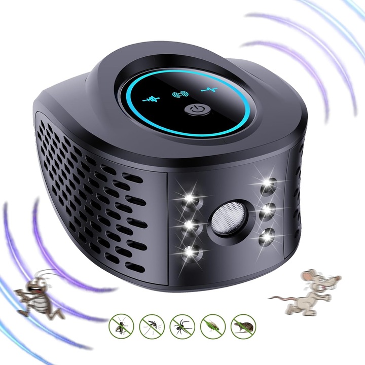 Aparat electronic cu ultrasunete, GOSTOCK®, 3 moduri, Actiune 360⁰ si acoperire 1600 square feet, Rzonanta acustica anti rozatoare, Anti sobolani, Anti gandaci si alte insecte, Non-toxic, Smart, ABS, Negru Darth Vader