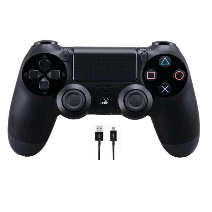Контролер Doubleshock Безжичен, PS4, съвместим, PS-TV и PS Now, с вибрации, включен кабел за зареждане, черен, HAPPY JOKER®
