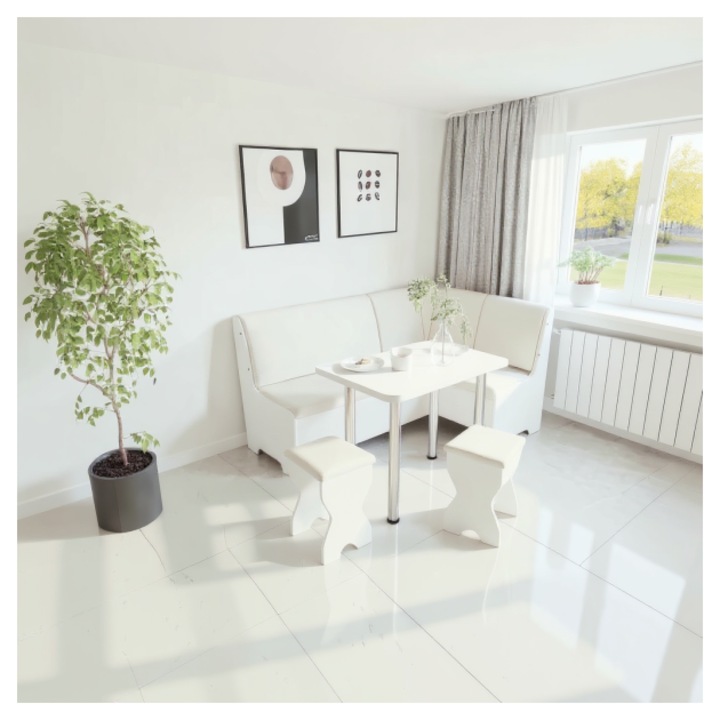 Set coltar bucatarie Tunis, cu masa si 2 tabureti Alb/Fildes
