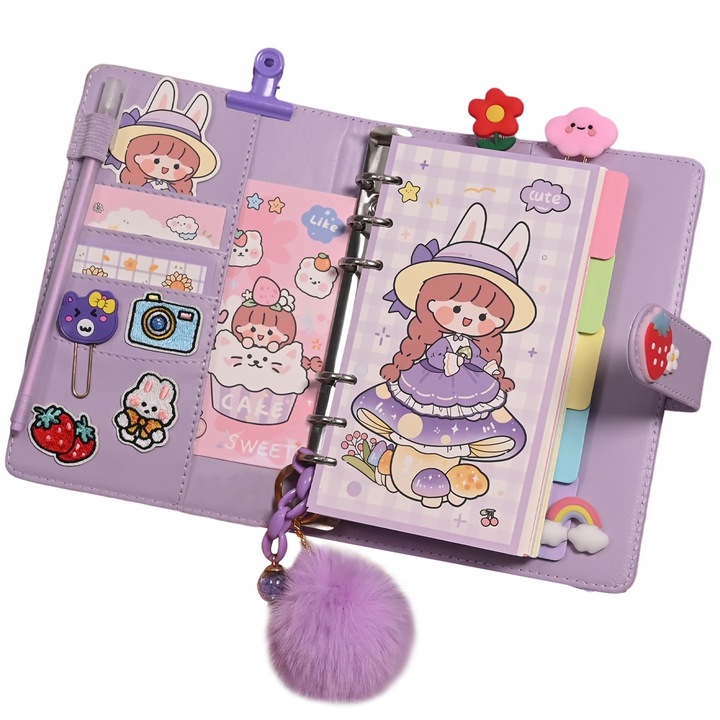 Set dragut de jurnal DIY, WALALLA, Planificator de notebook, cu autocolante, ornamente, Hartie de umplutura, perfect pentru fete, set 91 buc, violet