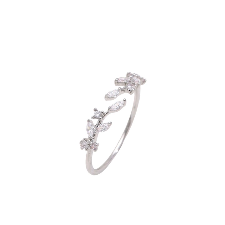 Inel ajustabil cu frunze si zirconiu colorat, auriu si argintiu