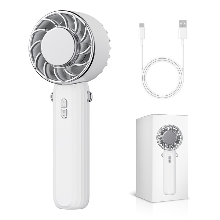 Вентилатор Gras-ON™, Преносим, бюро и ръка, сгъваем, 3 нива на скорост, 2000 mAh батерия, мощен мотор, закачалка за врата, USB-C зарядно устройство, бял