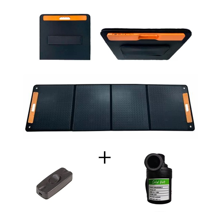 Kit Pompa apa submersibila 24V, de 22W, 800 l/h cu panou solar fotovoltaic 300W pliabil si intrerupator Solid Volt, pompa irigat, apa fantana, gradina, udat, adapatoare, combustibil, refulare