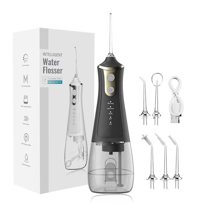 Hordozható szájöblítő, 3 tisztítási mód, 5 fúvóka, IPX6 vízálló, 300 ml kapacitás, újratölthető akkumulátor, fehér