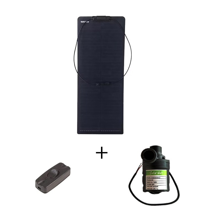 Kit Pompa apa submersibila 12V, de 22W, 800 l/h cu panou solar fotovoltaic 110W semiflexibil si intrerupator Solid Volt, pompa irigat, apa fantana, gradina, udat, adapatoare, combustibil, refulare