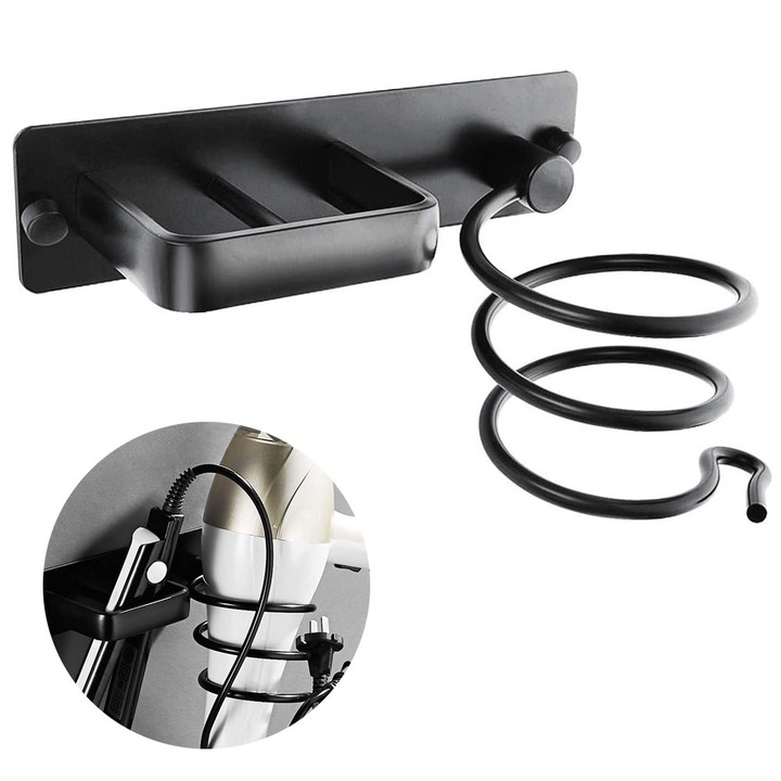 Suport de perete pentru uscator de par si placa, Aluminiu, Negru, 19.5x15cm