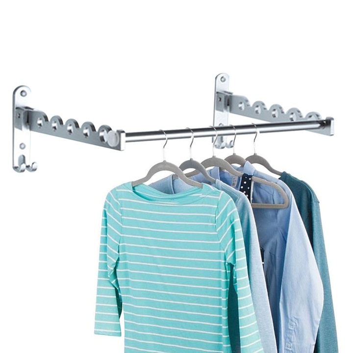 Set 2 Umerase Pliabile pentru Haine, Aluminiu, Argintiu, 30x14x3cm, Bara 80cm