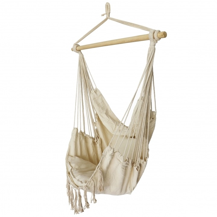 Hamac tip scaun DeHome® Joy 106, bej, material textil, cu franjuri si perne incluse, bara sustinere din lemn