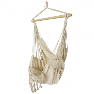 Hamac tip scaun DeHome® Joy 106, bej, material textil, cu franjuri si perne incluse, bara sustinere din lemn
