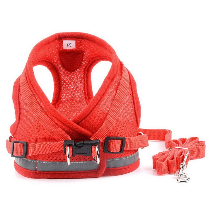 Set ham si lesa pentru caini mici, reflectorizant, material respirabil, rosu, 44cm