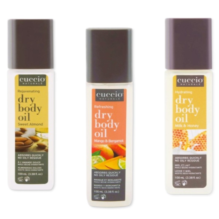 3 db Dry Body Oil termékből álló készlet - Édes mandula száraz test olaj 100 ml, Mango & Bergamot száraz test olaj 100 ml és Milk & Honey száraz test olaj 100 ml, Cuccio, 300 ml